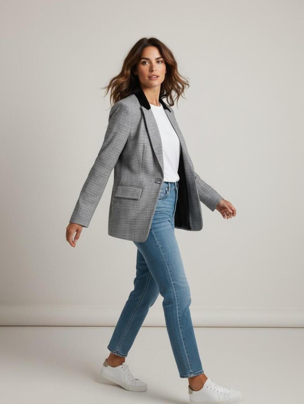 LOFT Plaid Blazer Size 14 Gray Black Velvet Collar Single Button Blazer